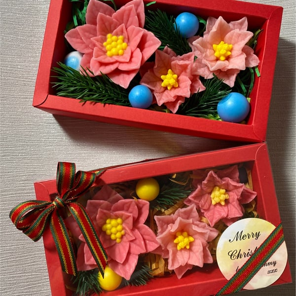 Poinsettia Soap Flowers Gift Set – Unusual Christmas Gift, Scented Trio.