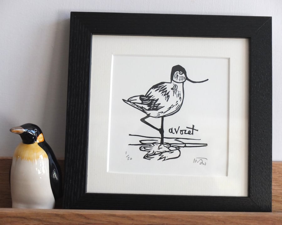 Avocet - lino print