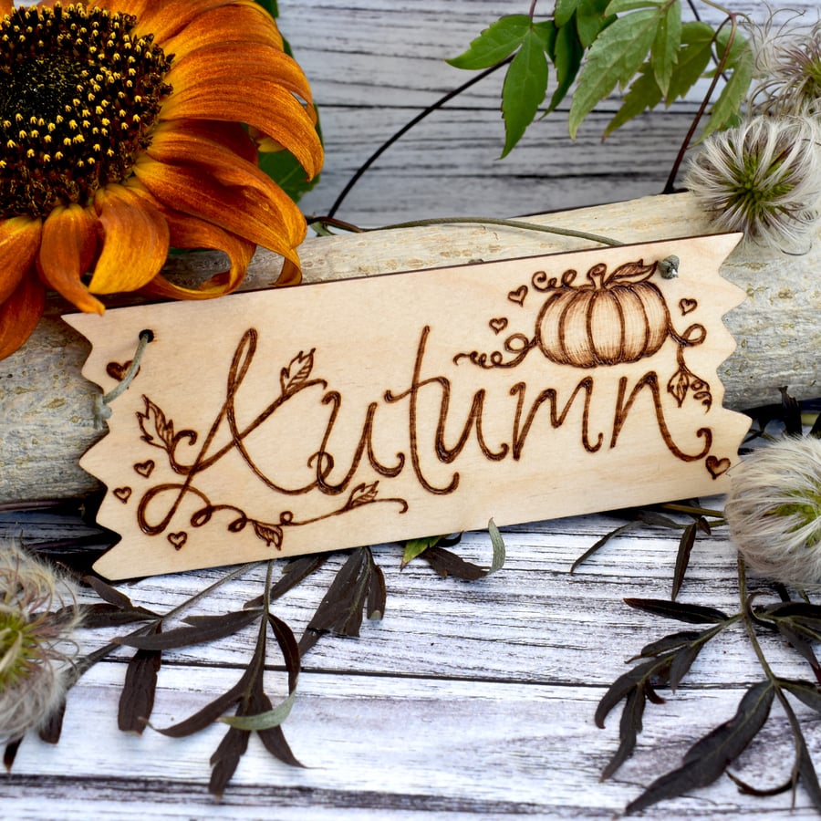 Rustic Autumn pyrography hanging plaque, with pumpkin design.