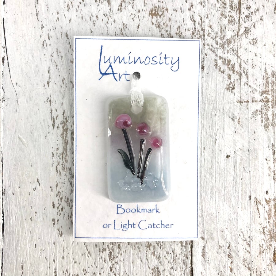 Glass Bookmark or Light Catcher with Pretty Pink Flowers