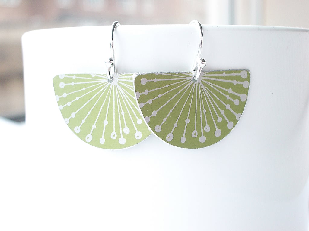 Green fan earrings with allium seed head print
