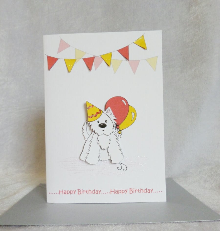 Party Westie Birthday Card - Red and Yellow