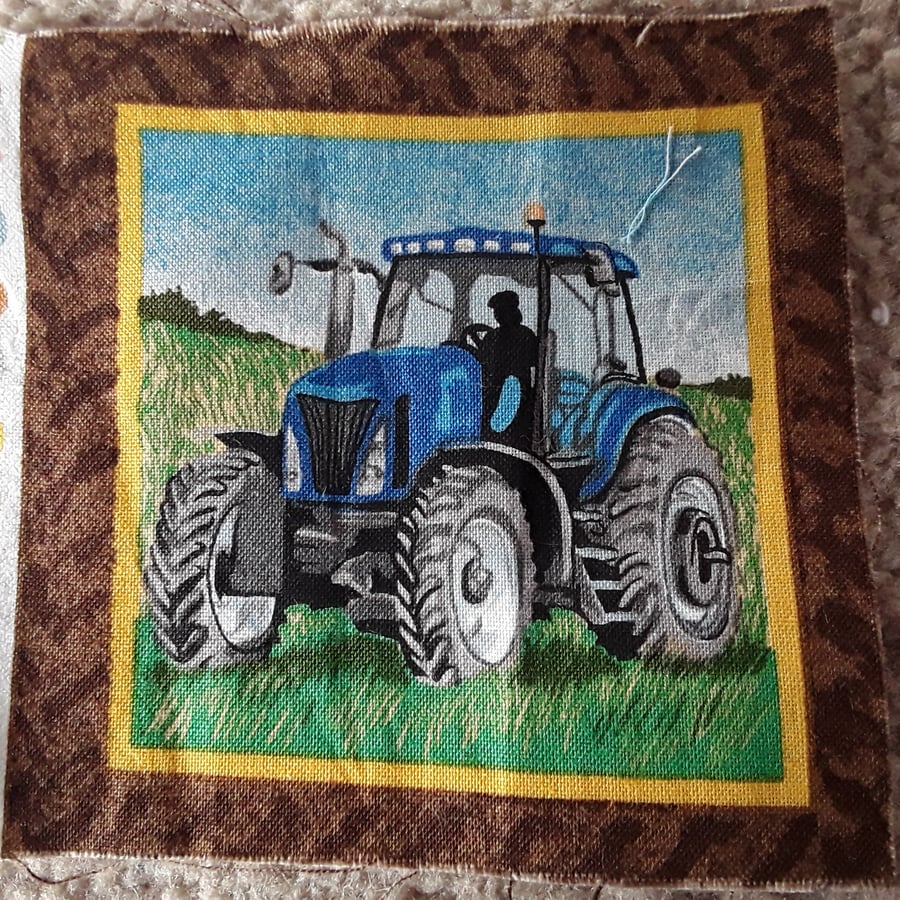 Blue tractor, 100% cotton fabric square