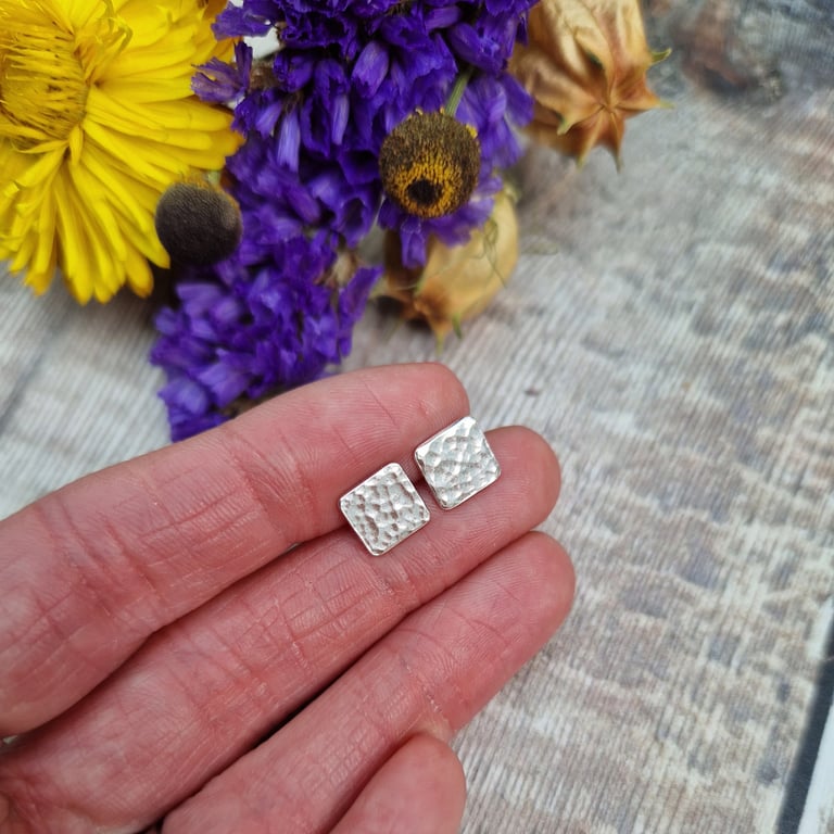 Sterling Silver Hammered Square Stud Earrings - JBJ3003