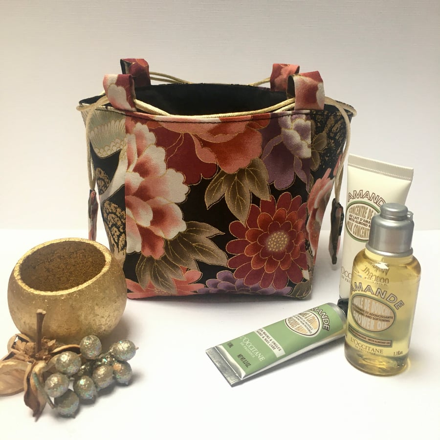 Reversible Gilded Waves Flowers and Crane Japanese Rice Bag Gift Bag 