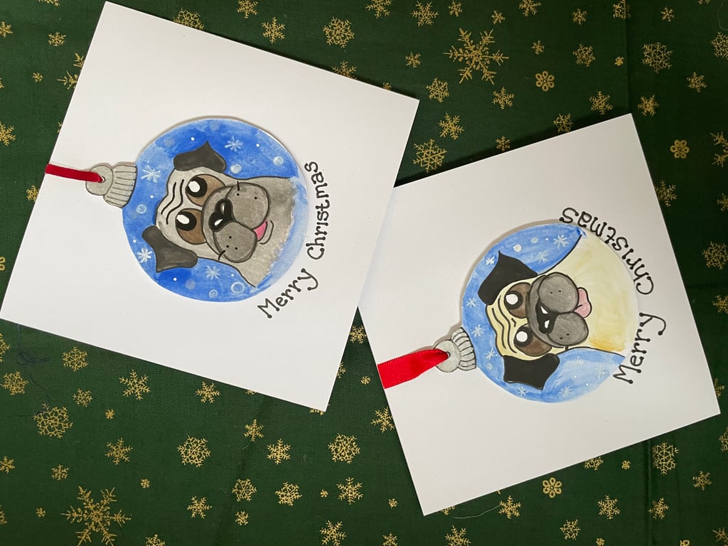 Pug bauble card- snowy background 