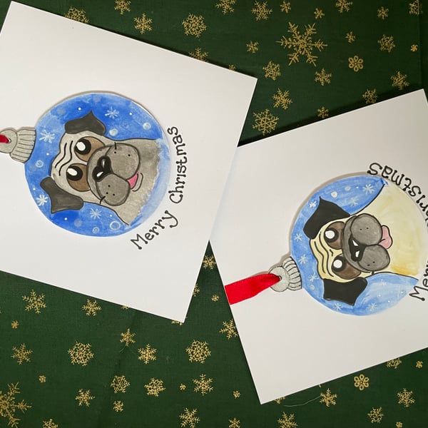 Pug bauble card- snowy background 