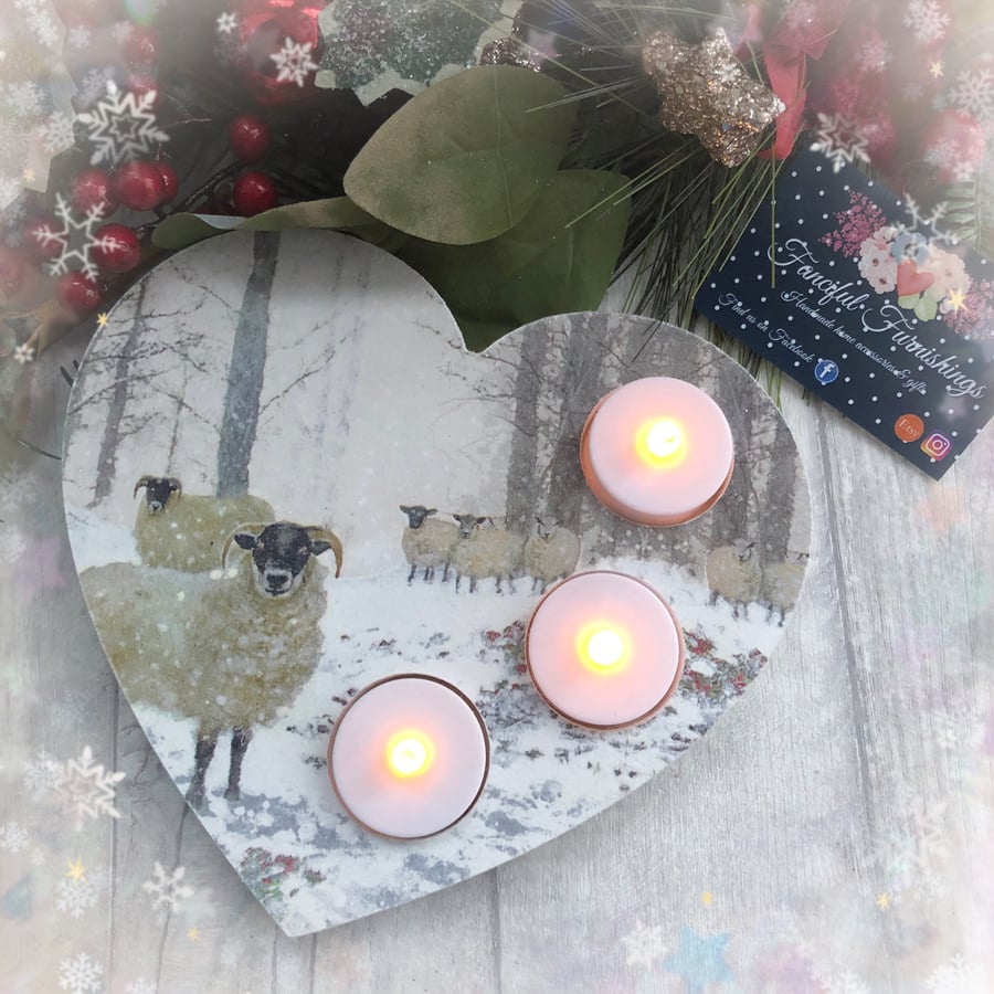 Heart Shaped Triple Tealight Candle Holder.  Winter Sheep in Snow Design  