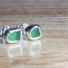 Small Handmade Welsh Soft Green Sea Glass & Silver Stud Earrings