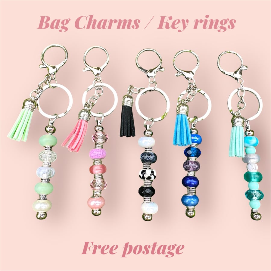 Bag charm key rings, large, assorted colours beading and tassels 