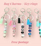 Bag charm key rings, large, assorted colours beading and tassels  - Image 1