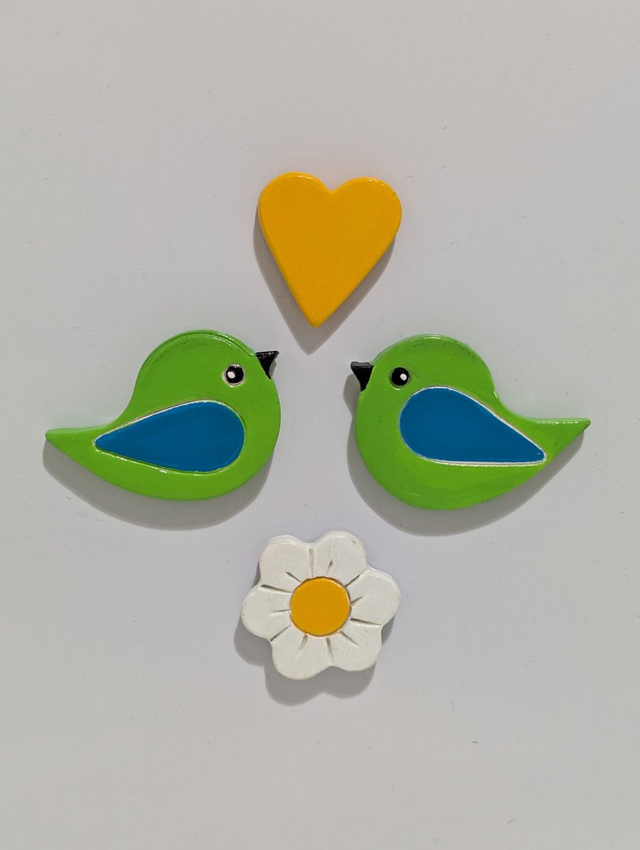 Spring fridge magnets, clay bird, daisy and heart, gift for Mother's day