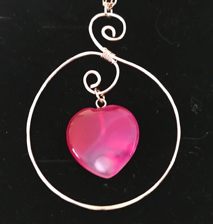 Pink Heart Agate Pendant Necklace on Rose Gold Copper Chain SPN306