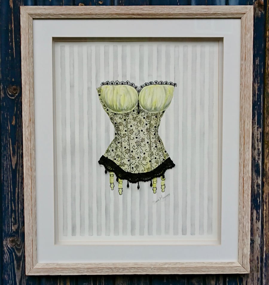 Yellow and black corset watercolour painting, with bead-work and ribbon.