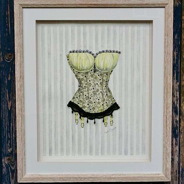 Yellow and black corset watercolour painting, with bead-work and ribbon.