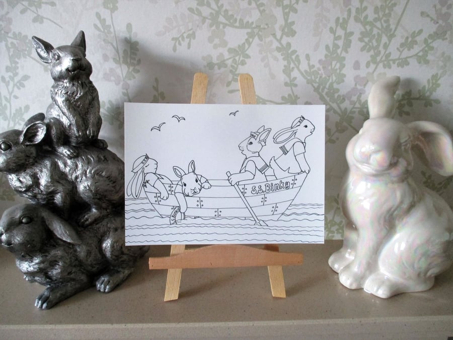 A5 Print Bunny Rabbit Cartoon Bunnies in Rowing Boat Monochrome Picture Art