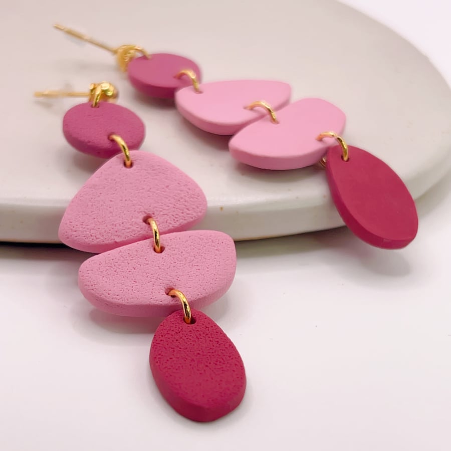 Long Pink Polymer Clay Earrings, Modern Geometric Dangles on Gold Studs