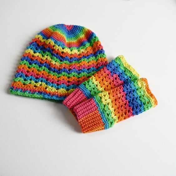 Rainbow Hat and Fingerless Gloves Set 