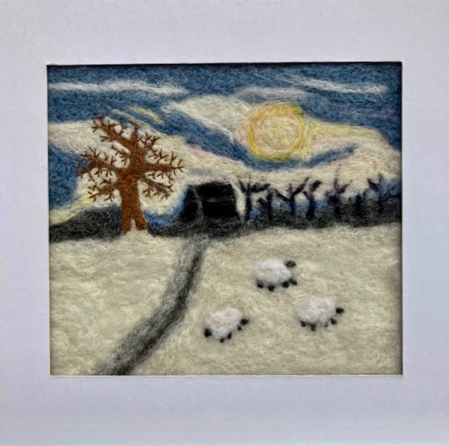 Snow sheep felted picture.