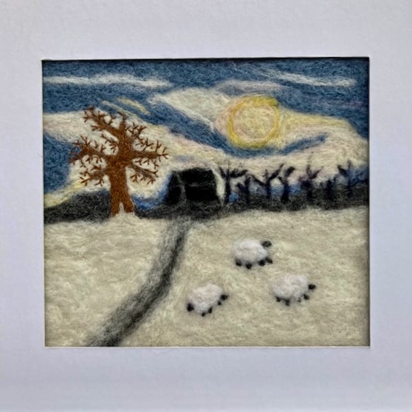 Snow sheep felted picture.
