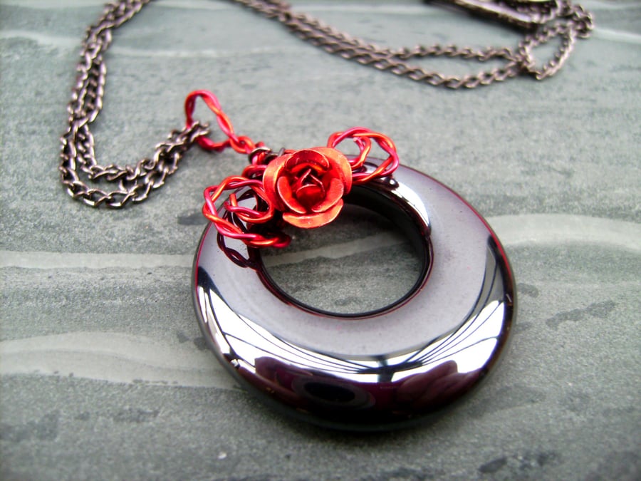 Valentine Rose Red Hematite Ring Necklace