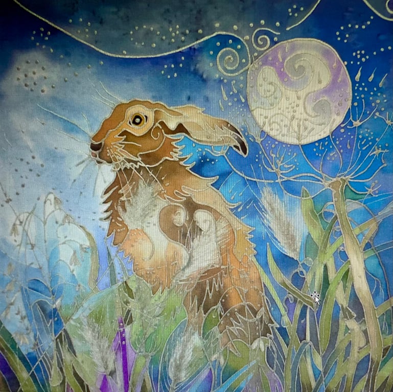 A painting of a Mystic Moon Hare. Original Hand Painted on Silk.Imbolc Moon Hare