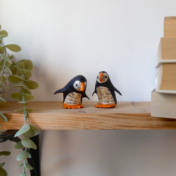 Handmade Paper Puffins, Set of 2, handmade nature inspired seabird art gifts 