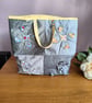Grey and lemon tote bag with bright patchwork quilted lining.