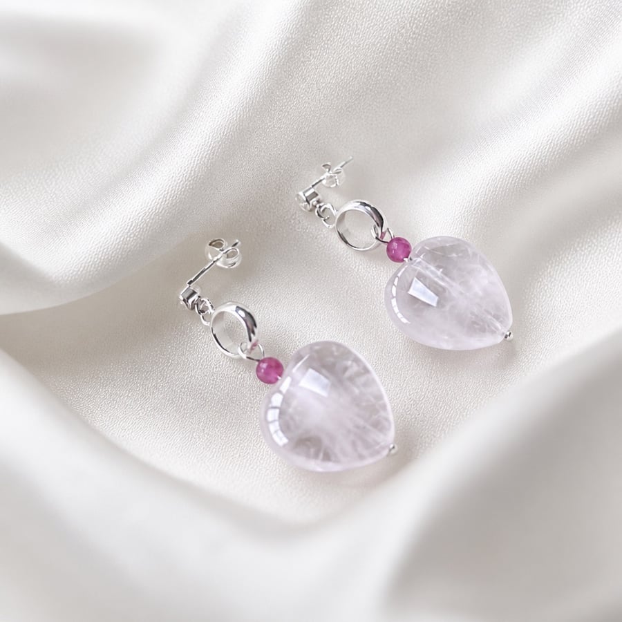 Rose Quartz & Pink Tourmaline Sterling Silver Drop Earrings Gift Boxed