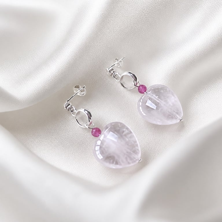 Rose Quartz & Pink Tourmaline Sterling Silver Drop Earrings Gift Boxed