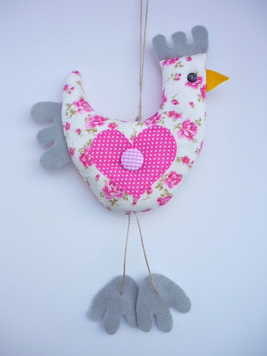 Hen Hangie Decoration Handmade Chicken With Hearts Spots & Roses  Easter Gift