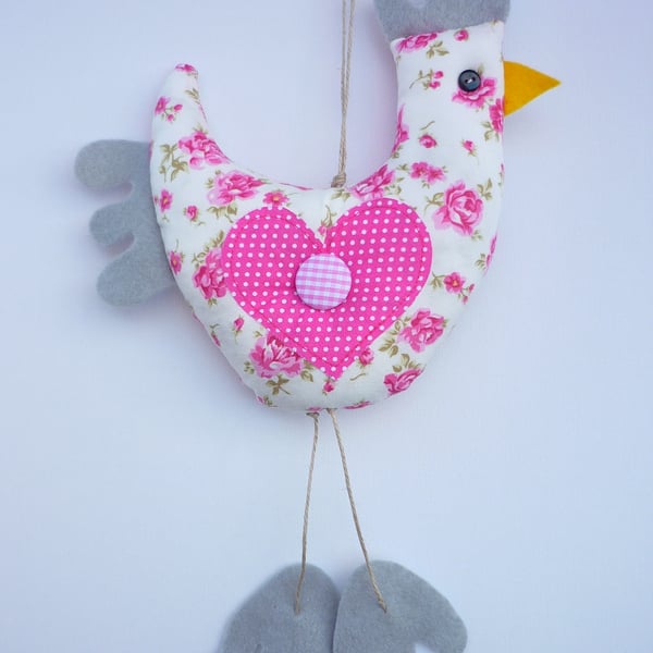 Hen Hangie Decoration Handmade Chicken With Hearts Spots & Roses  Easter Gift