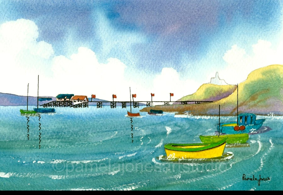 Yellow Boat, In The Bay, Mumbles, Original Watercolour, in 14 x 11'' Mount