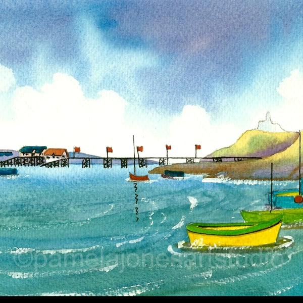 Yellow Boat, In The Bay, Mumbles, Original Watercolour, in 14 x 11'' Mount