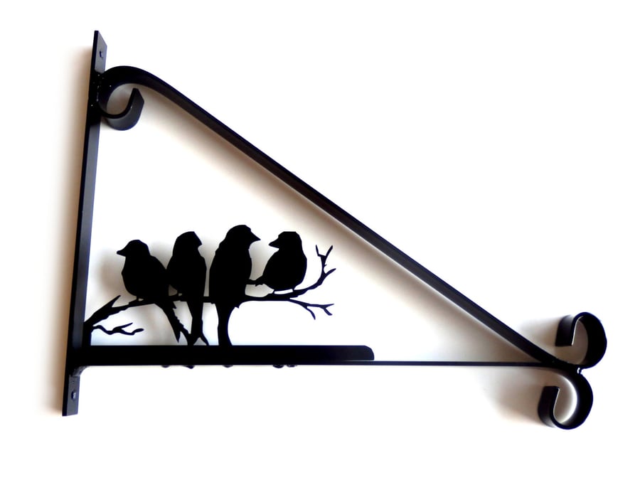 Birds Sat on a Branch Silhouette Scroll Style Hanging Basket Bracket Solid Steel