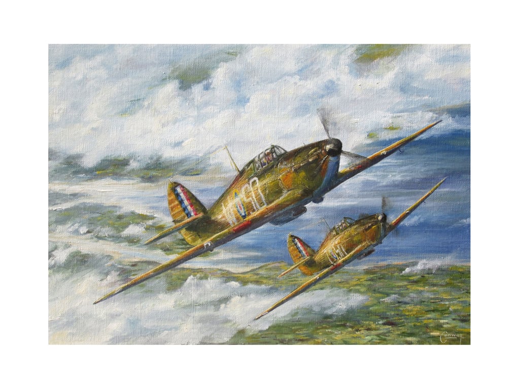 Hurricane Aeroplane Greeting Card-Original Aviation Art Design-7x5 Blank Inside