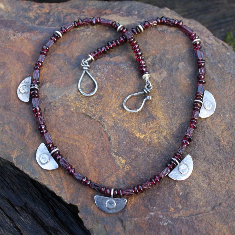  silver and garnet tribal necklace , oxidised silver