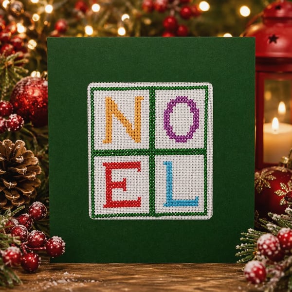 Handmade Cross Stitch NOEL Christmas Card – Green – 5 x 5 Inch