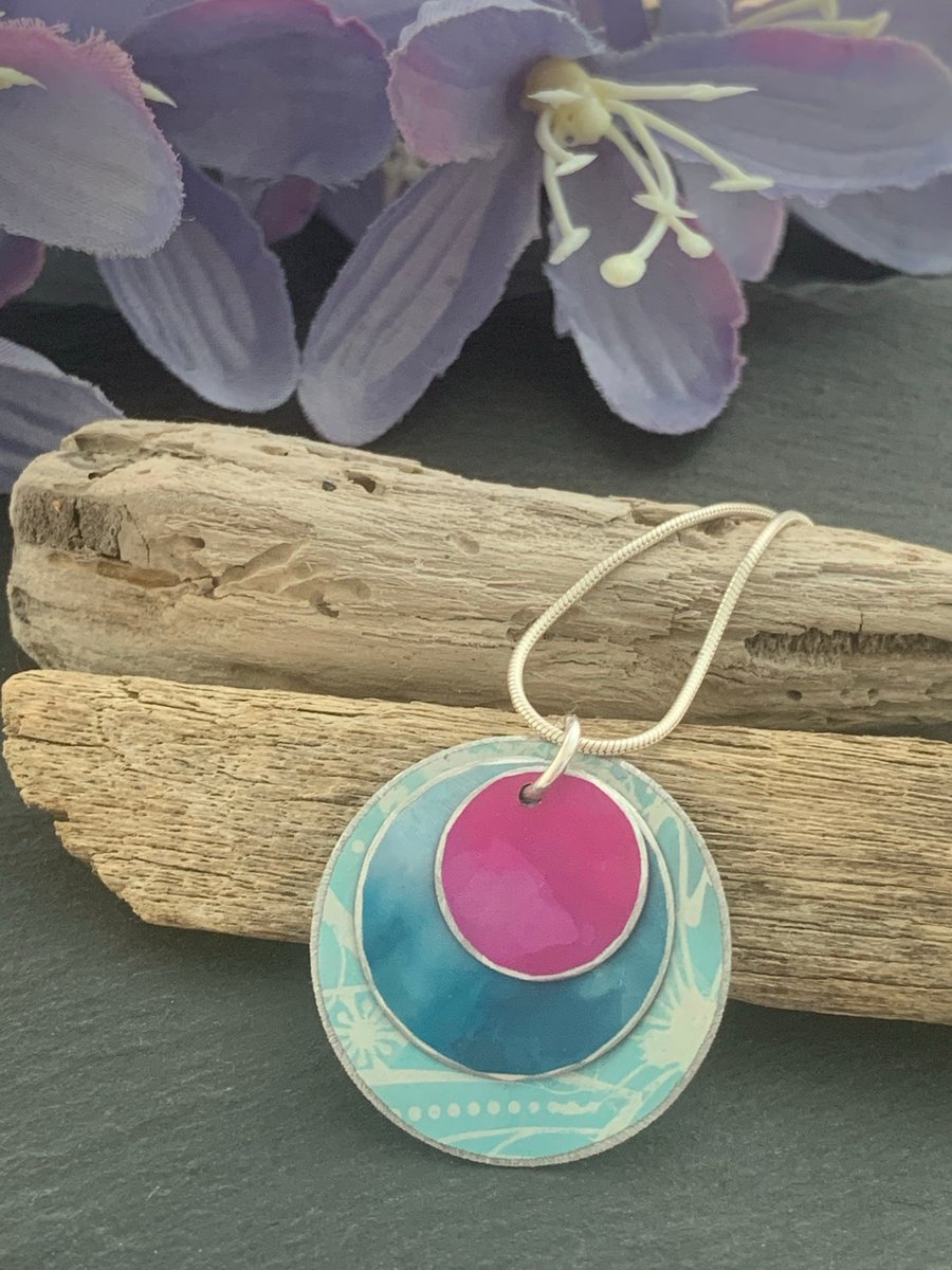 Water colour collection - hand painted aluminium pendant, Turquoise and Pink