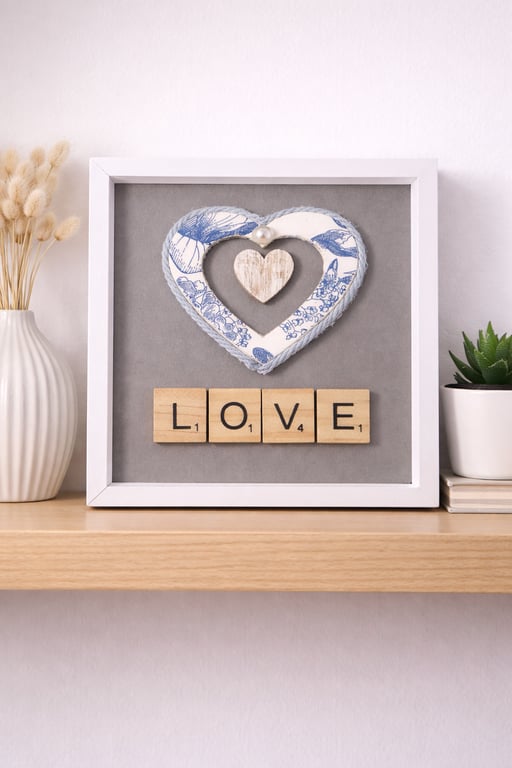 Blue Blossom Decoupage Heart – Rustic Love Frame (12cm x 12cm)