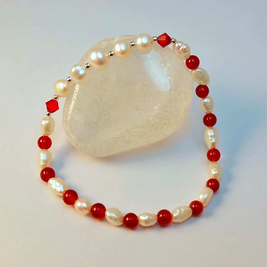 Freshwater Pearl & Carnelian Bracelet, Birthday, Anniversary, Mother's Day Gift