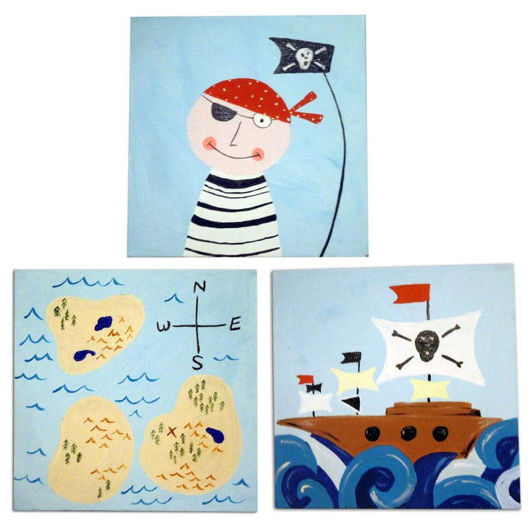 Pirate Art, Paintings on Canvas x 3, Kids Pirate Art, Boys Bedroom Decor