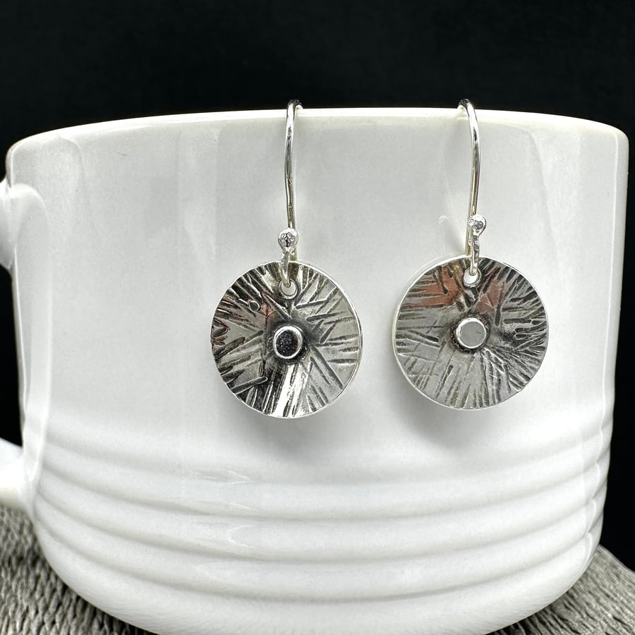 Textured round sterling silver drop earrings