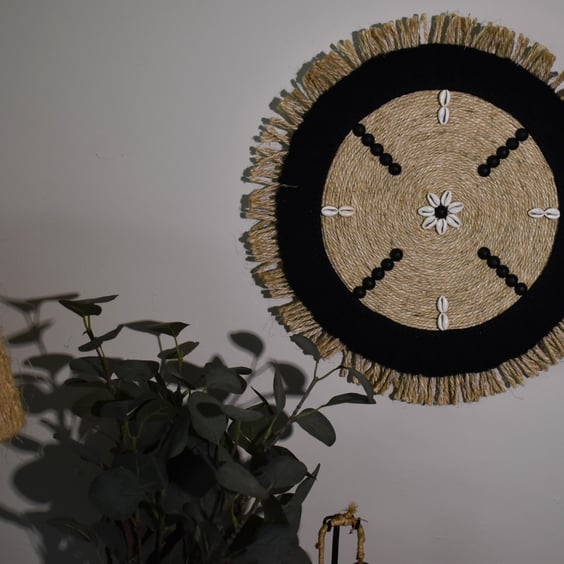 Black & Sisal Double Fringed Macrame, Fibre, Mandala, Wall Hanging Art