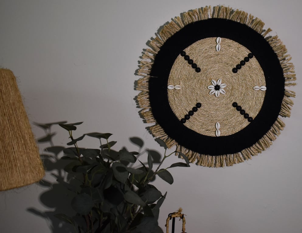 Black & Sisal Double Fringed Macrame, Fibre, Mandala, Wall Hanging Art