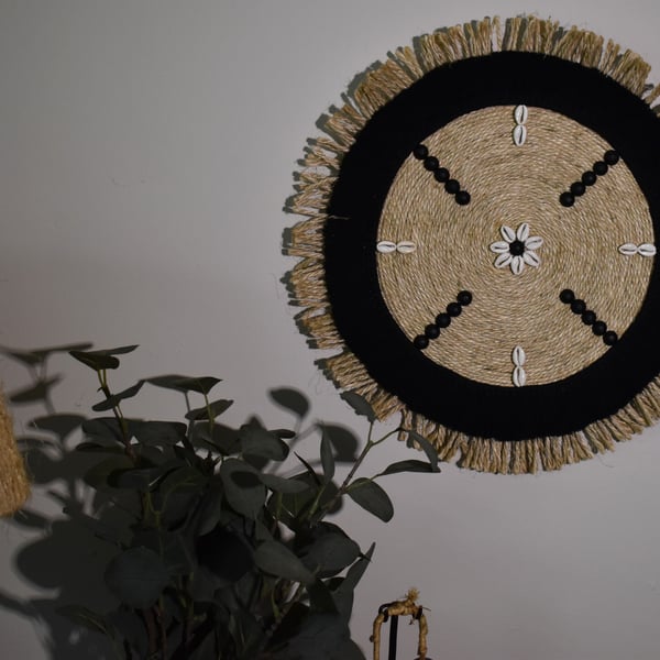 Black & Sisal Double Fringed Wall Hanging (Large)
