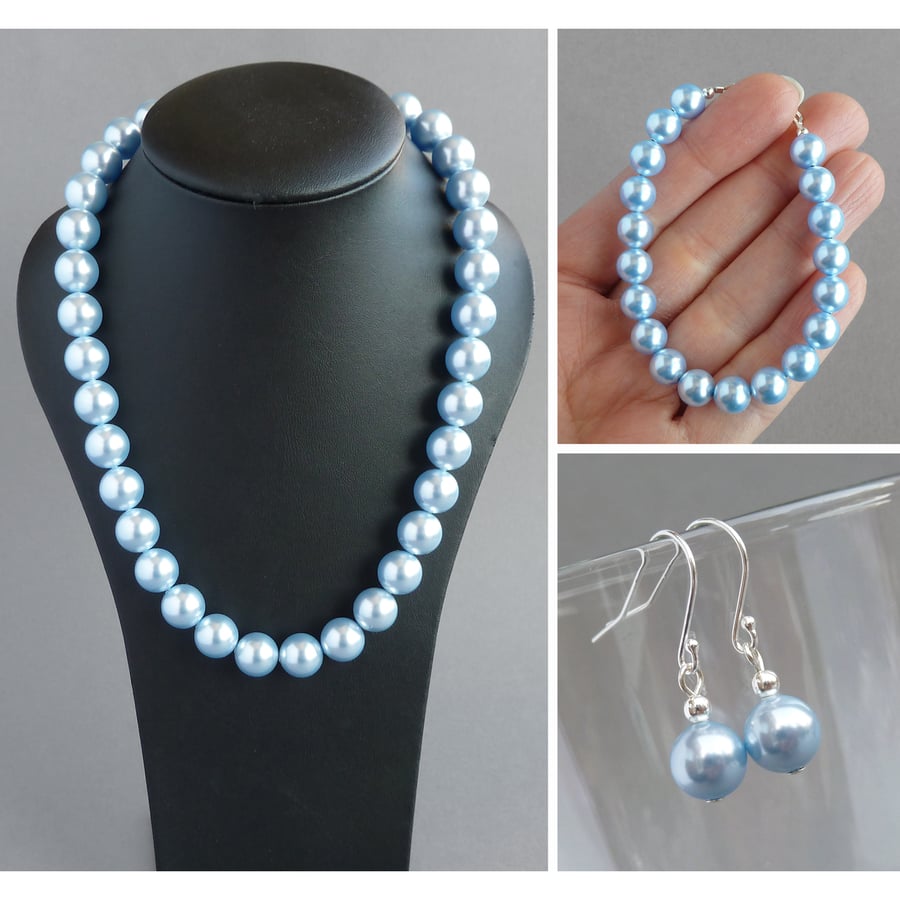 Chunky Light Blue Pearl Jewellery Set - Baby Blue necklace, Bracelet & Earrings