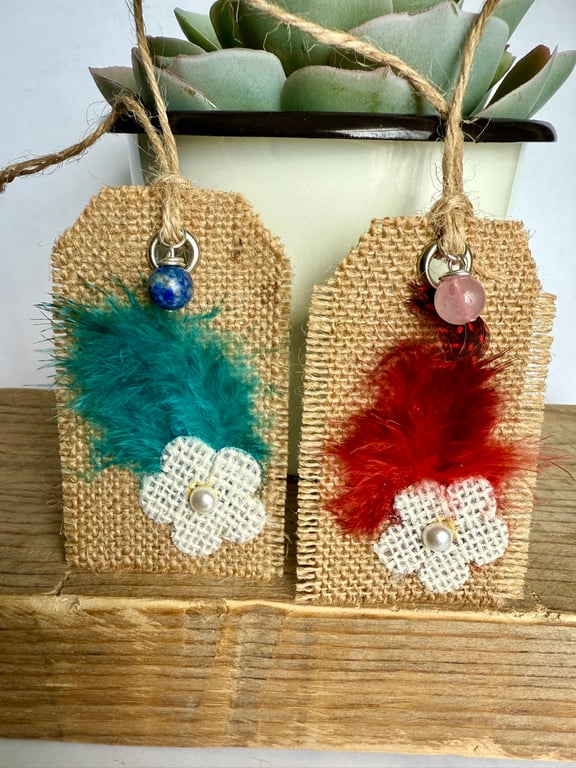 Pair Of Handmade Hessian, Feather and Gemstone Gift Tags Keepsake Gift Tags