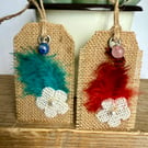 Pair Of Handmade Hessian, Feather and Gemstone Gift Tags Keepsake Gift Tags