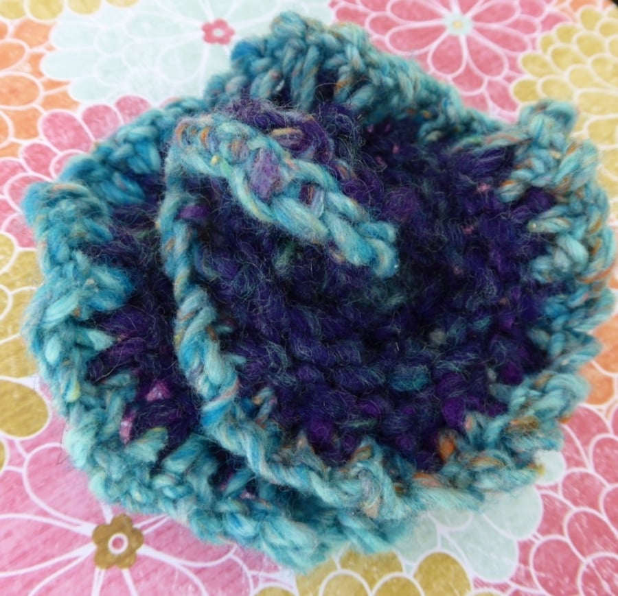 Handknit Swirl Flower Brooch Blues